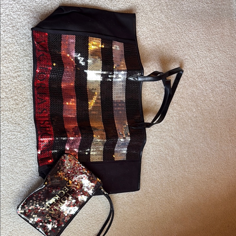 BRAND NEW! Black and Sequin Striped Tote with Matching Pouch